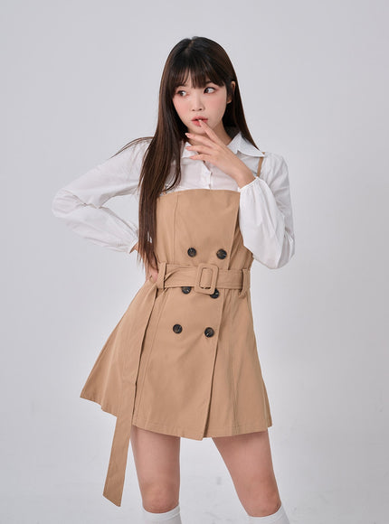 腰帶鈕扣褶襉迷你連衣裙和襯衫套裝 BO24