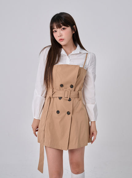 腰帶鈕扣褶襉迷你連衣裙和襯衫套裝 BO24
