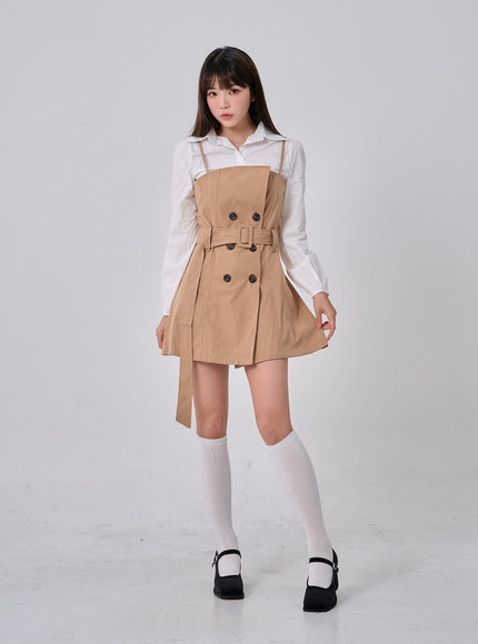 腰帶鈕扣褶襉迷你連衣裙和襯衫套裝 BO24