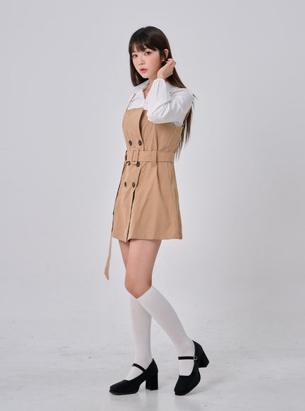 腰帶鈕扣褶襉迷你連衣裙和襯衫套裝 BO24