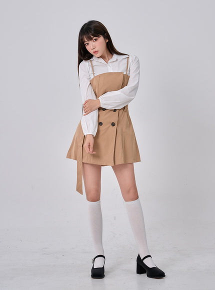 腰帶鈕扣褶襉迷你連衣裙和襯衫套裝 BO24