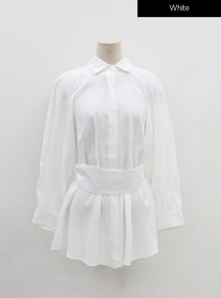 高腰絲帶襯衫褲套裝 IN08