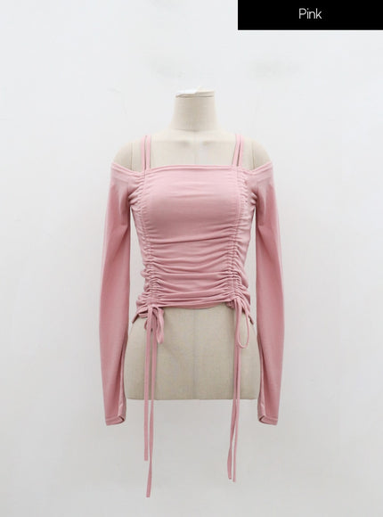 Off-Shoulder Double Front Tie Ruched Top IJ304