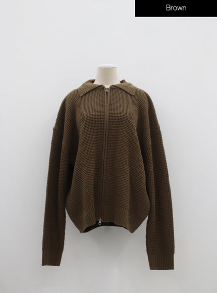 加華夫格圖案領雙向拉鍊針織衫