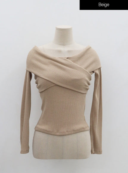 Off-Shoulder Cross Knit Long Sleeve T-Shirt IN07