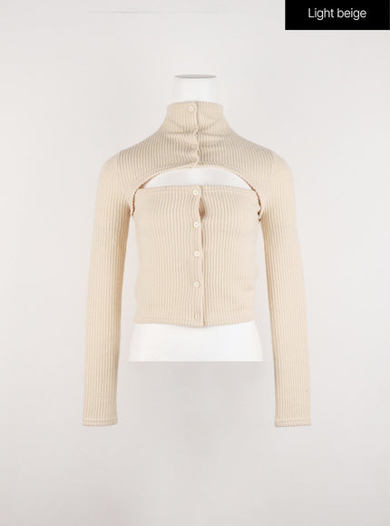 rib-solid-cut-buttoned-cardigan-id305 / Light beige