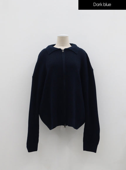 加華夫格圖案領雙向拉鍊針織衫