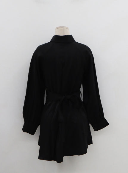 高腰絲帶襯衫褲套裝 IN08