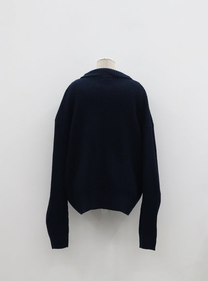 加華夫格圖案領雙向拉鍊針織衫