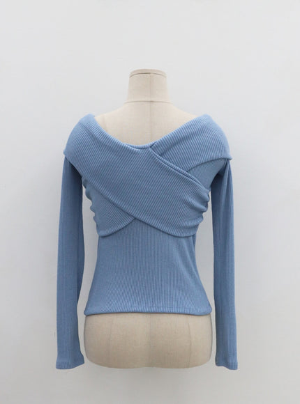 Off-Shoulder Cross Knit Long Sleeve T-Shirt IN07
