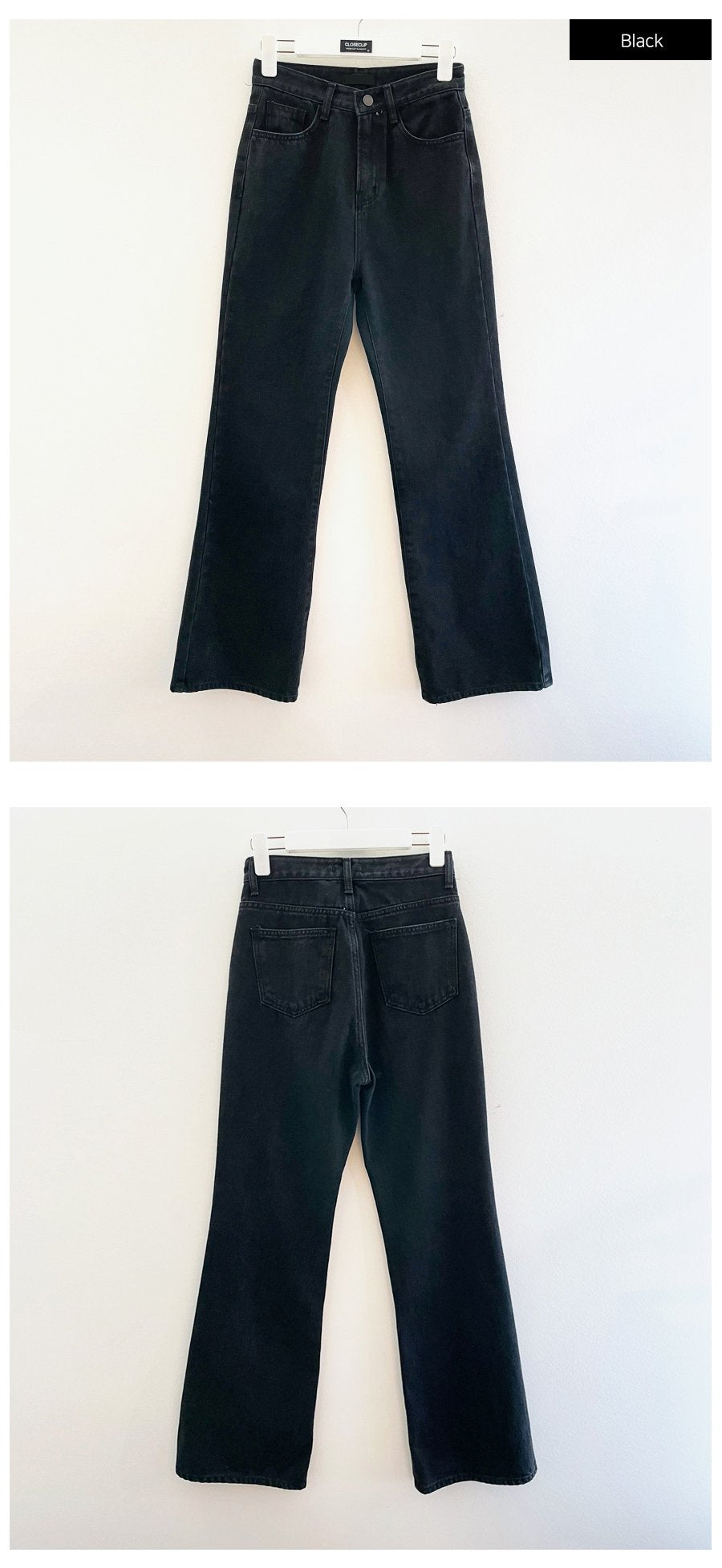 Straight Leg Pants J23 in black, flat hanger shot front and back, high-waist straight cotton denim, front pockets, two back patch pockets, full-length silhouette.