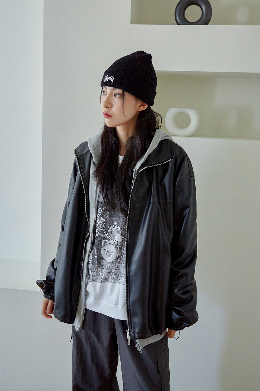 寬鬆版型人造皮夾克 J24 