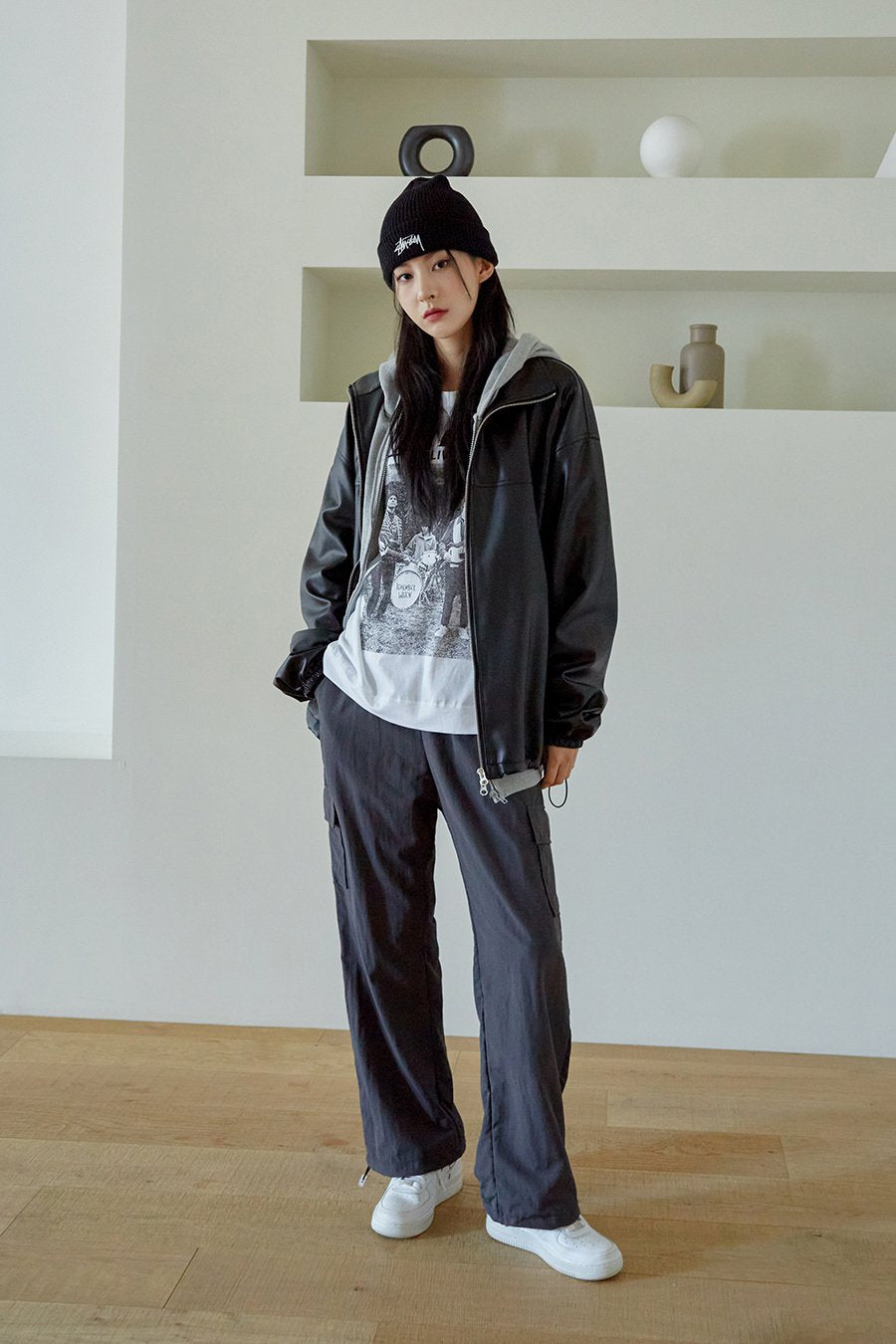 寬鬆版型人造皮夾克 J24 