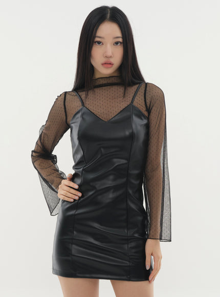 Faux Leather Strap Mini Dress #Original Kpop #121641 - Black S Faux Leather Strap Mini Dress #Original Kpop #121641 - Black S
