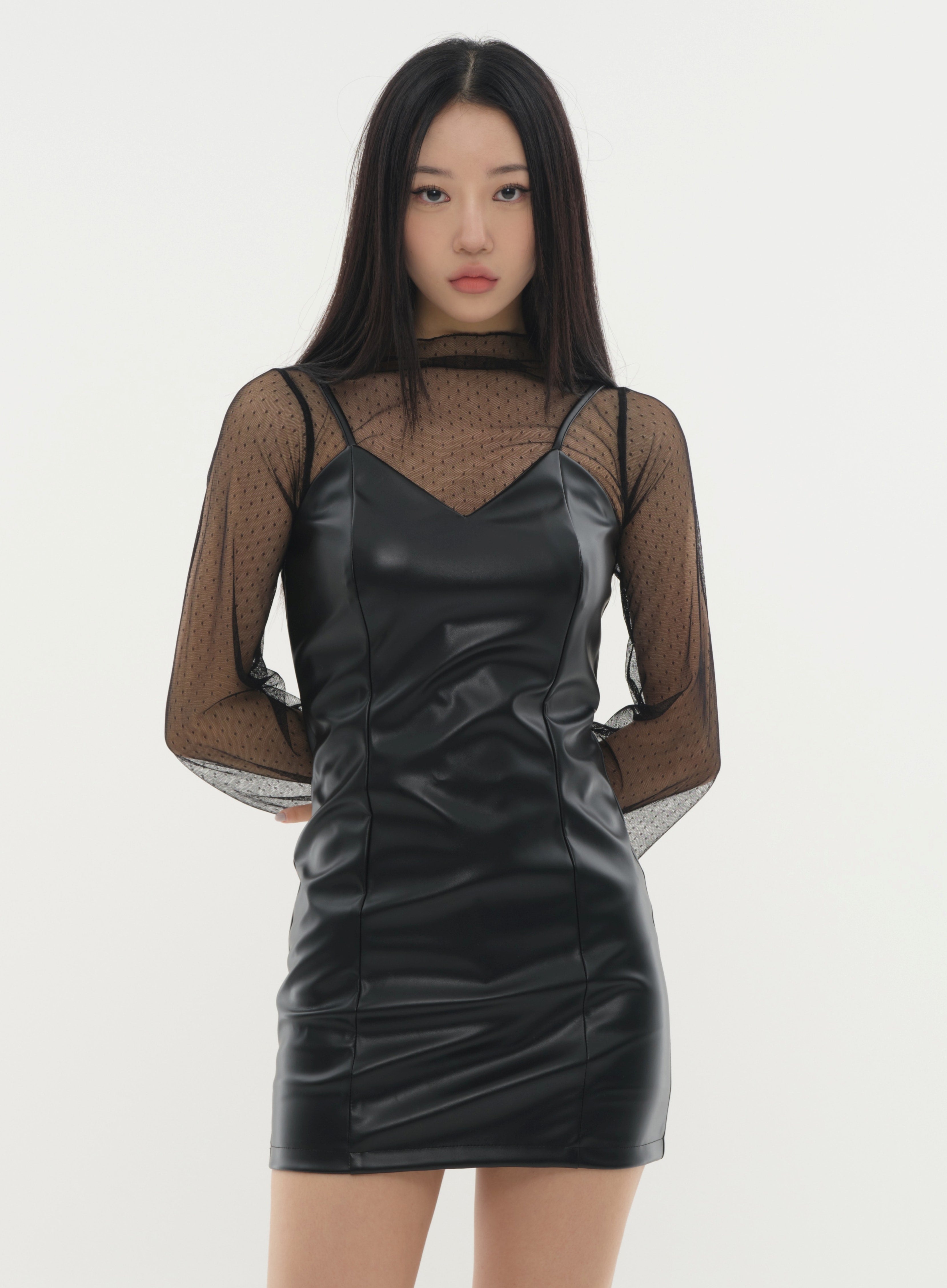 Faux Leather Strap Mini Dress #Original Kpop #121641