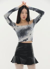 Faux Leather Flared Hem Mini Skirt #Original Kpop #1216142
