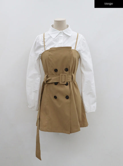 腰帶鈕扣褶襉迷你連衣裙和襯衫套裝 BO24