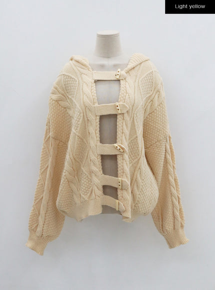 Button Hooded Twist Pattern Knit Cardigan BN02
