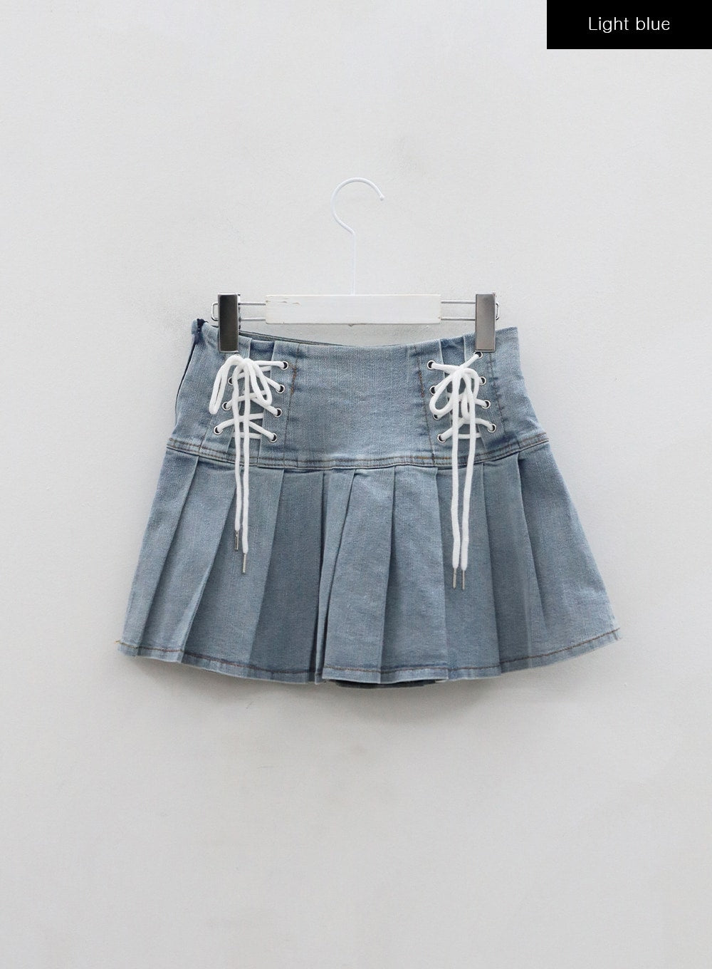 Double Ribbon Half Pleated Denim Mini Skirt BO26 - Light Blue M