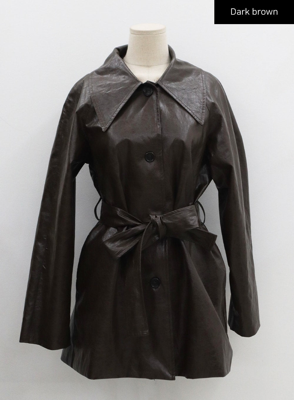 Faux Leather Trench Coat And Belt Ribbon Set CO26