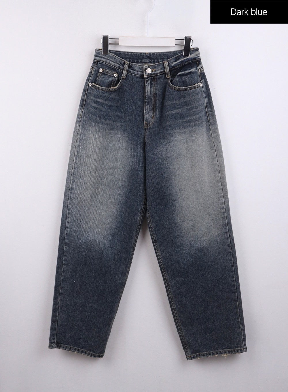 Washed Button Straight Leg Jeans CJ425 in dark blue, flat front hanger shot, wide-fit cotton denim with uneven washed fading, five-pocket design and silver button fly clearly visible.