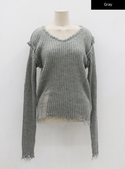 Ripped V-Neck Knit Top CO13