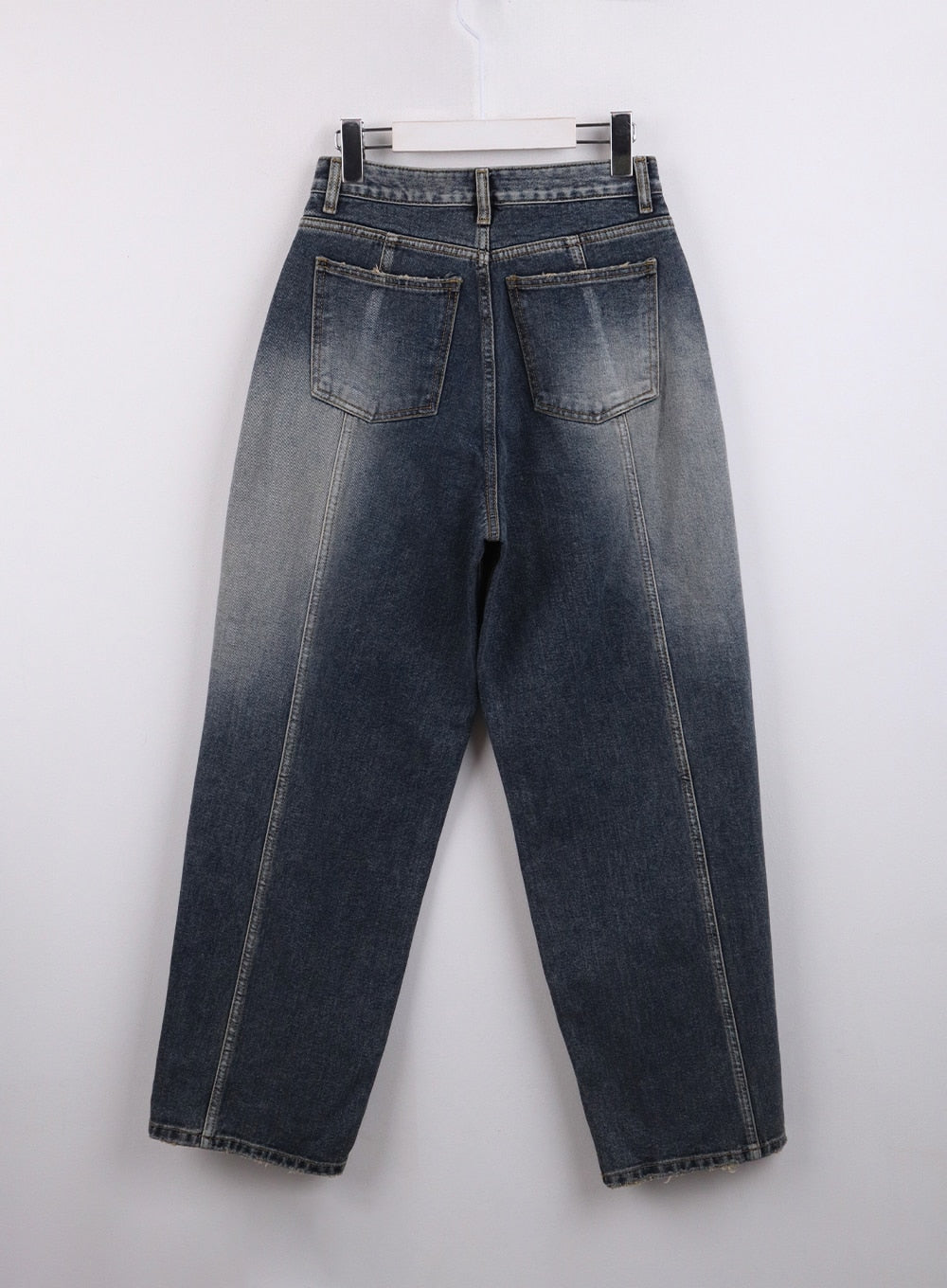 Washed Button Straight Leg Jeans CJ425 in dark blue, flat back hanger shot, two large patch pockets with contrast stitching, washed denim with faded seat and center back seam on wide straight leg.