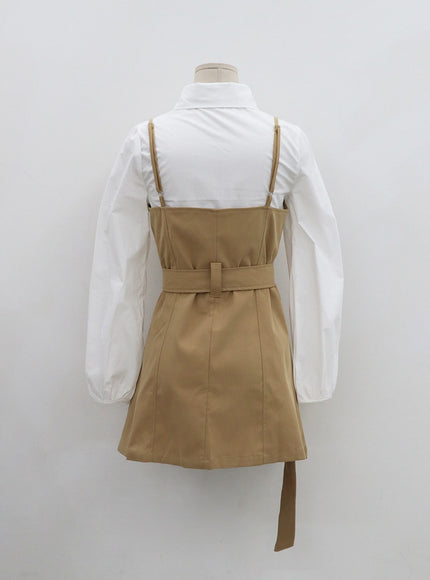 腰帶鈕扣褶襉迷你連衣裙和襯衫套裝 BO24