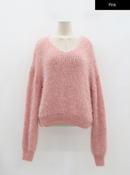 Faux Fur V-Neck Sweater OD21 Korean Women's Fashion LEWKIN
