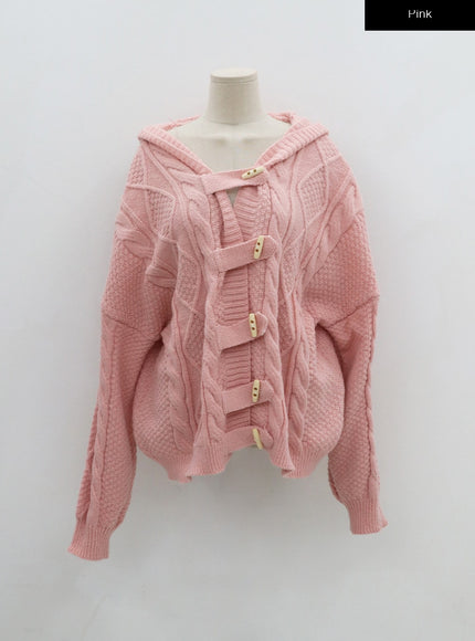 Button Hooded Twist Pattern Knit Cardigan BN02