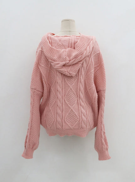 Button Hooded Twist Pattern Knit Cardigan BN02