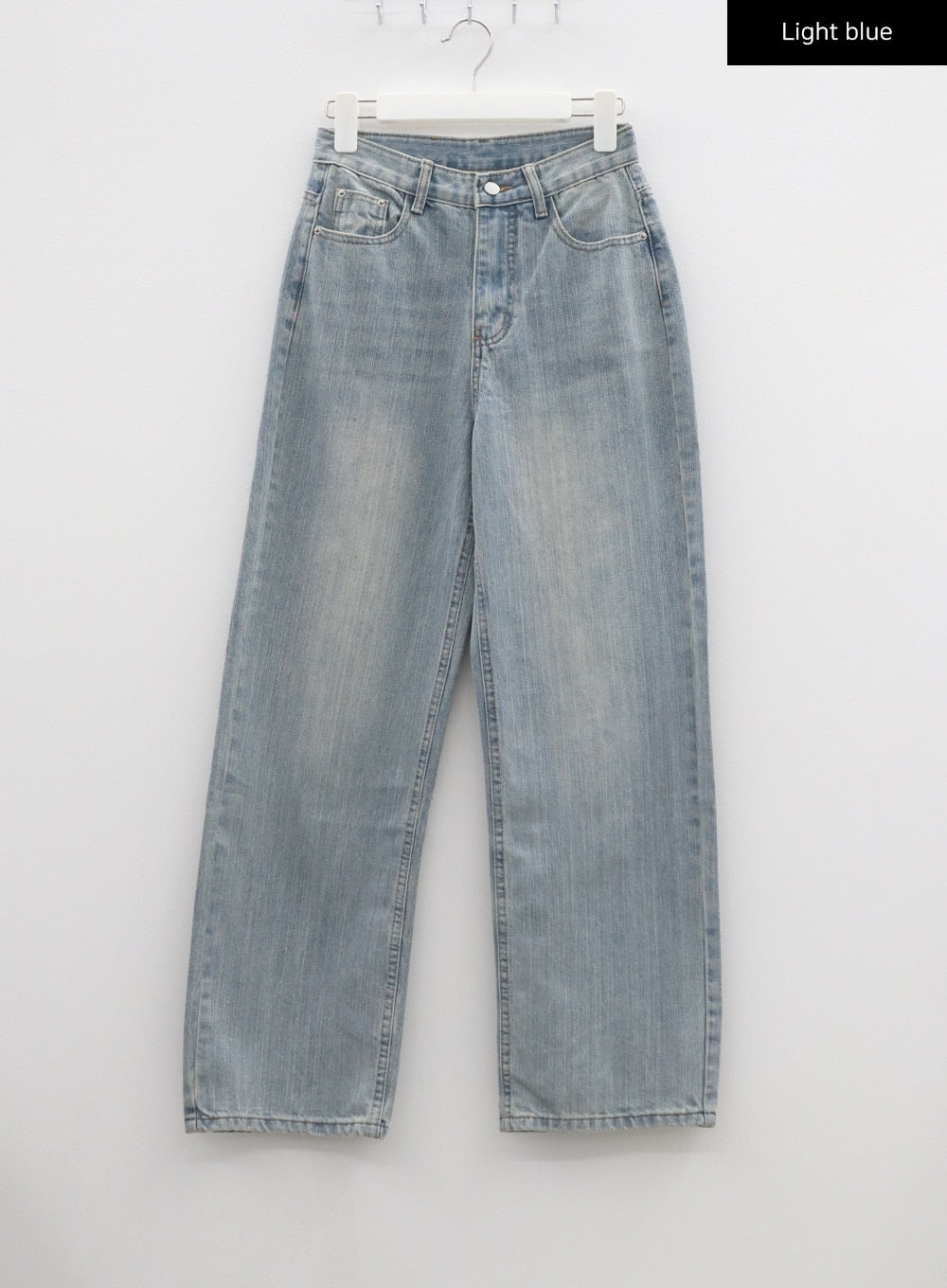 Wide Straight Leg Jeans BF310 in light blue, flat hanger front shot, high-rise wide straight leg denim with five-pocket design and soft washed fade across thighs.