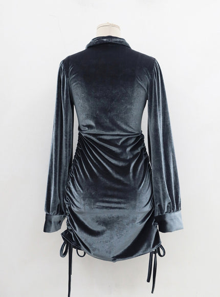 Side Tie Ruching Velvet Long Sleeve Mini Dress CD23