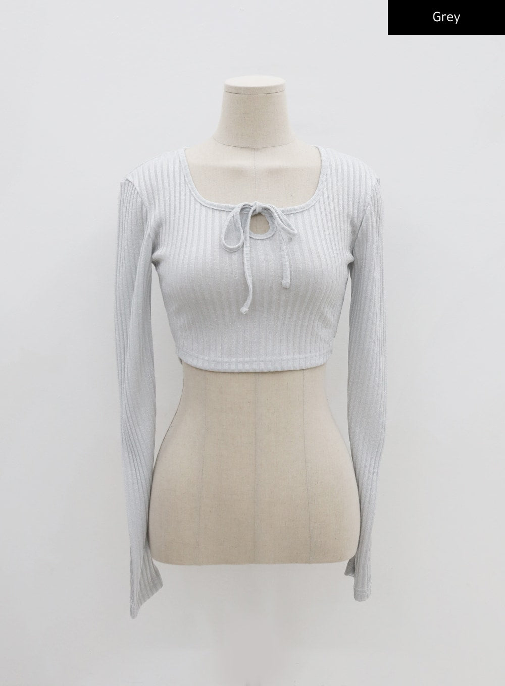 Round Neck Ribbed Long Sleeve Crop Top Grey