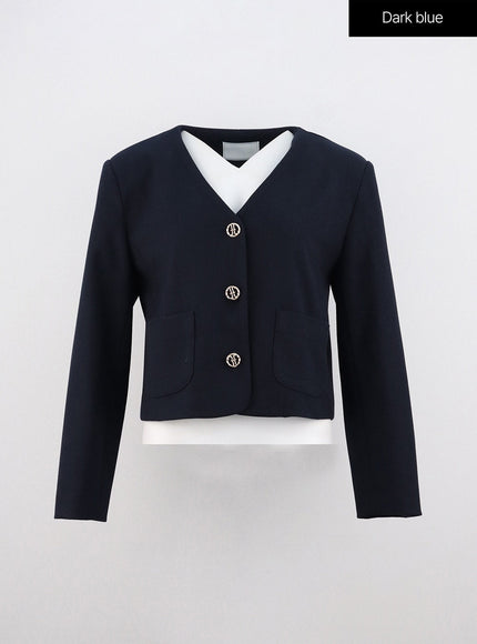 collarless-crop-blazer-jacket-oo312 / Dark blue