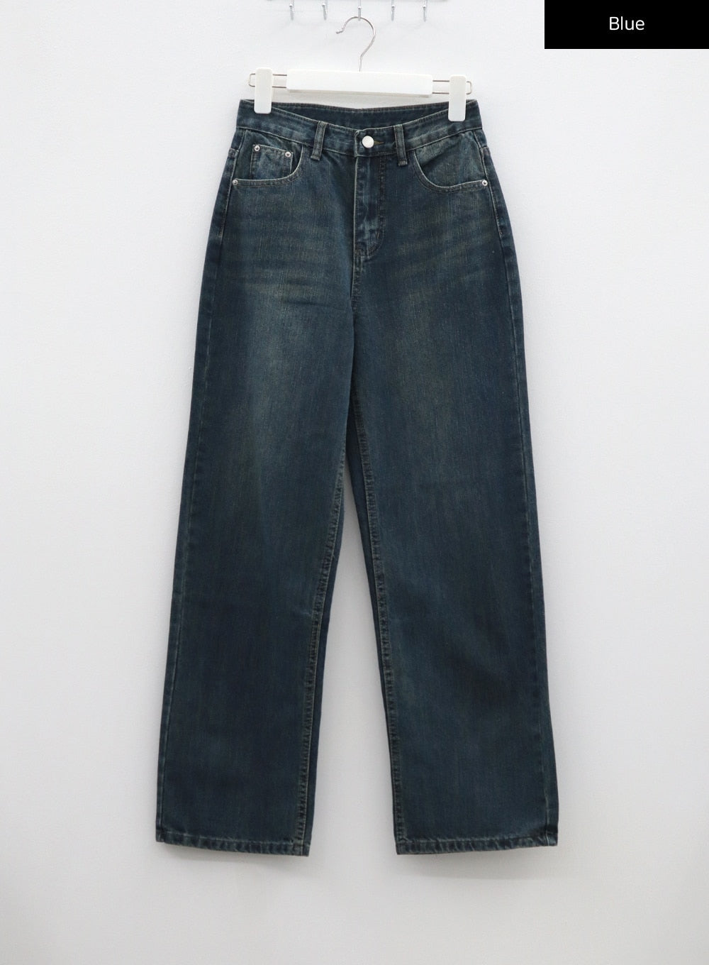 Wide Straight Leg Jeans BF310 in blue, flat hanger front shot, high-rise wide straight leg denim with vintage washed finish and five-pocket construction, full-length view.