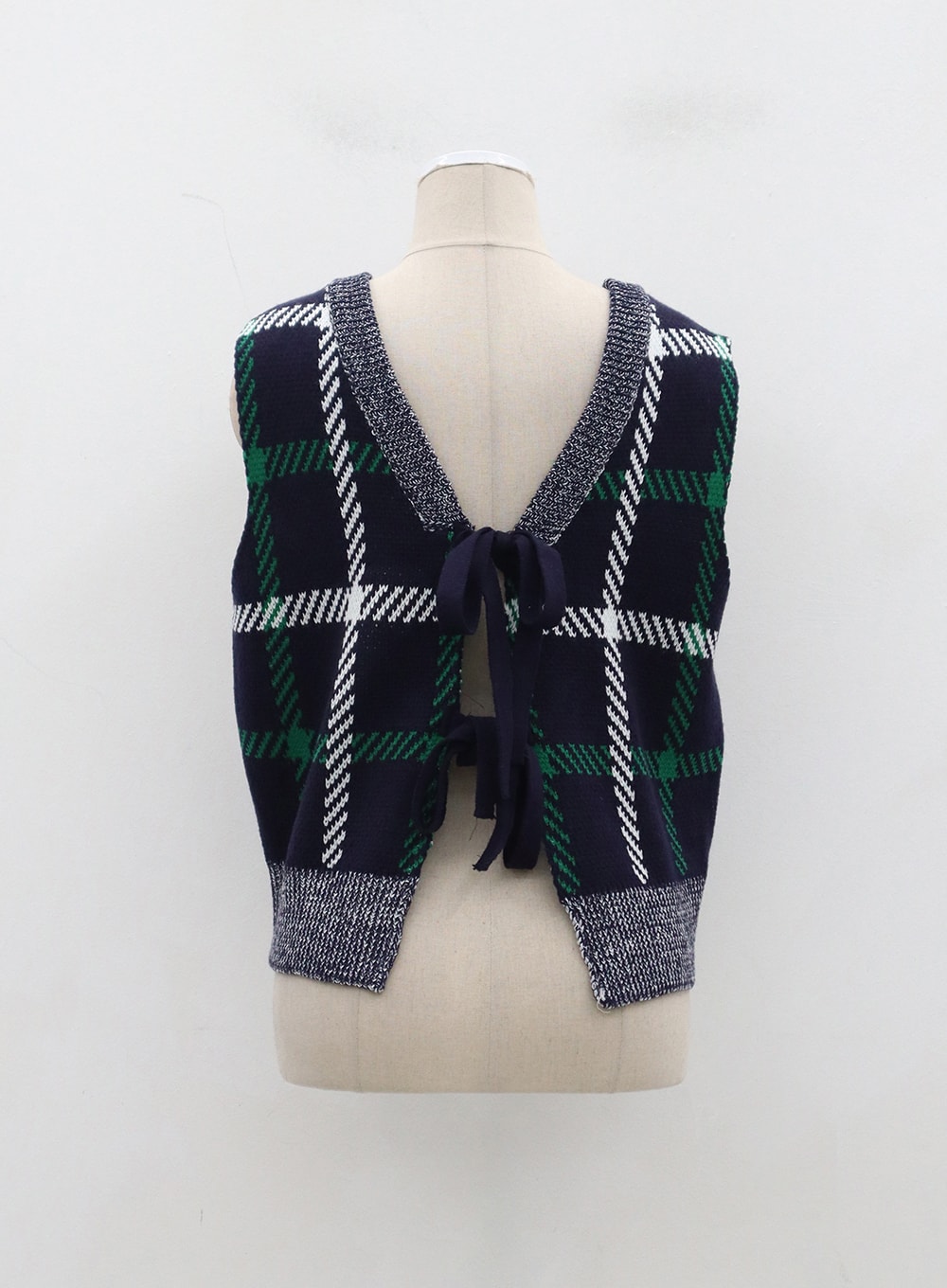 Check Pattern Double Back Tie Knit Vest BJ312