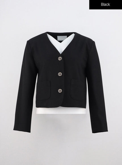 collarless-crop-blazer-jacket-oo312 / Black