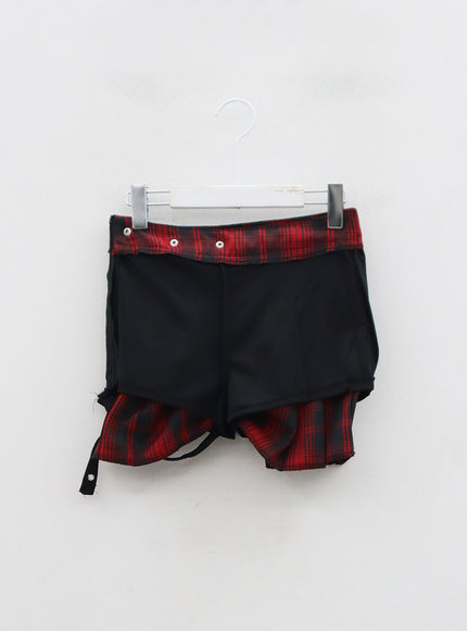 Layered Plaid Pleated Mini Skirt And Short Pants BN22