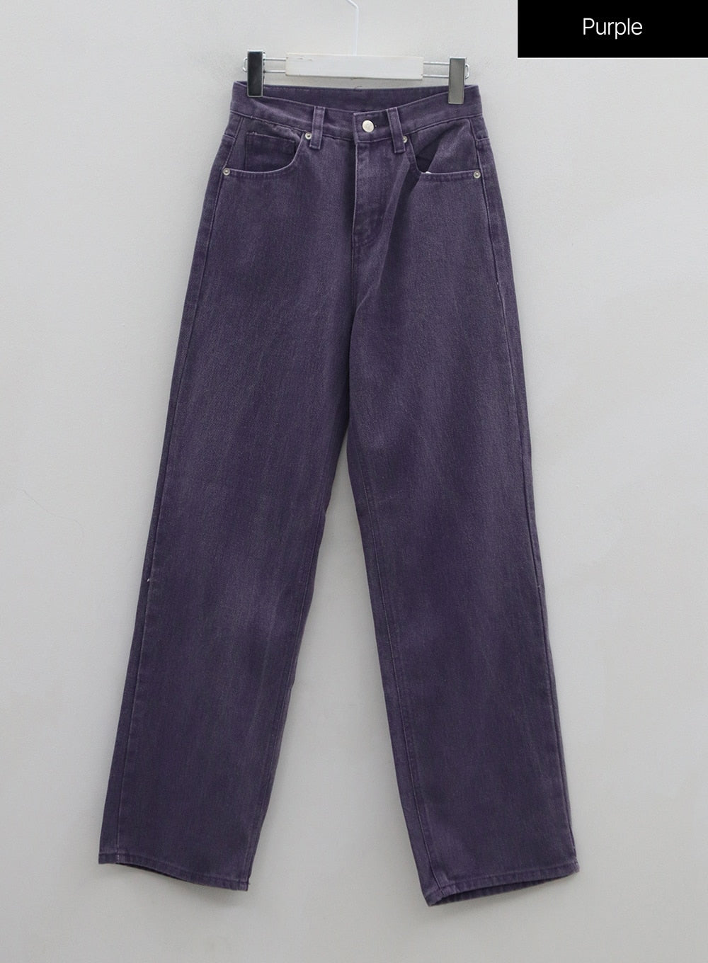 Wide Leg Color Jeans BS-A0812026 in purple, flat hanger shot front view, high-waist wide-fit cotton denim, five-pocket design with button closure, solid purple wash, full length.