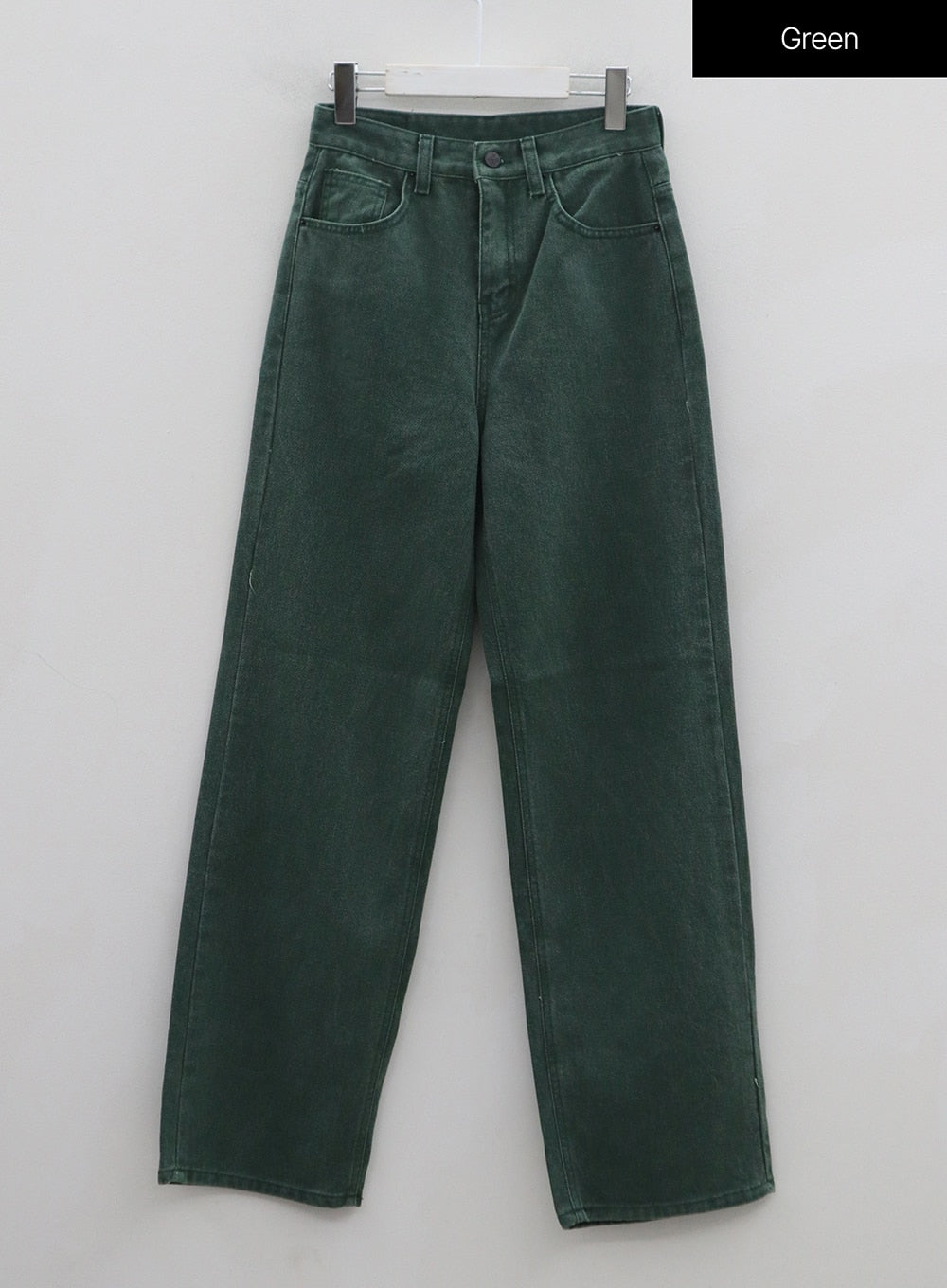 Wide Leg Color Jeans BS-A0812026 in green, flat hanger shot front view, high-waist wide-fit cotton denim, five-pocket design with button closure, solid dark green wash, full length.