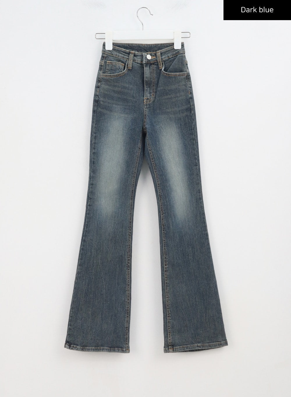 Dark Wash Bootcut Jeans BA320 in dark blue, flat hanger shot showing full silhouette, high-rise waistband, slim bootcut leg with washed finish and gold topstitching detail.