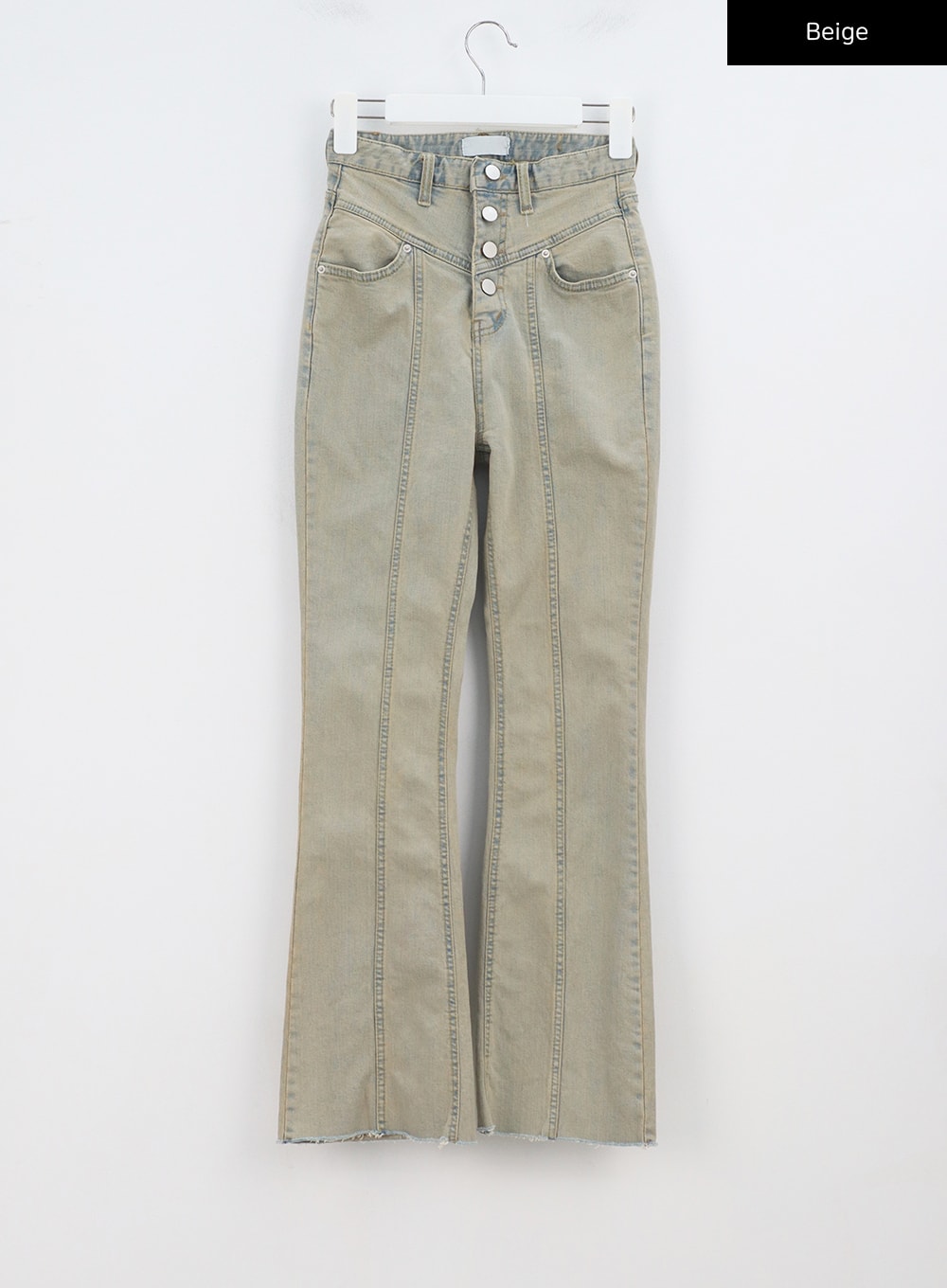 Beige Wash Bootcut Jeans BA320 in beige, flat hanger product shot front view, displaying full silhouette with V-yoke seam, triple button fly, front center seam, and raw-hem bootcut leg.