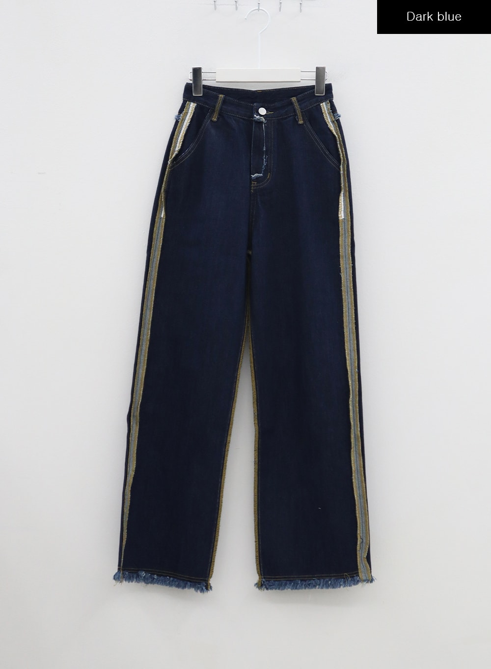 Stitch Detail Jeans BA307 in dark blue, flat hanger front shot, wide-fit cotton denim with gold-tone contrast stitch side panels, frayed side seams, and raw fringe hem.