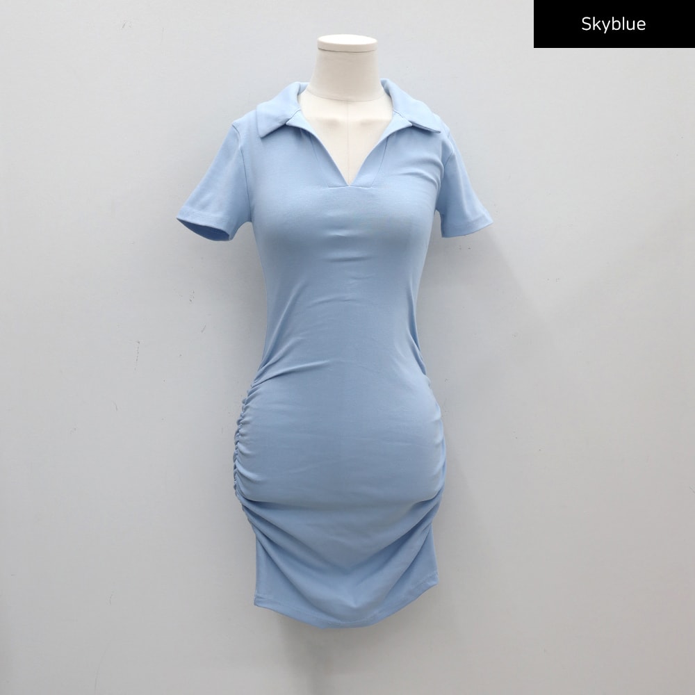 Mini Dress with Open Collar and Side Shirring CM4