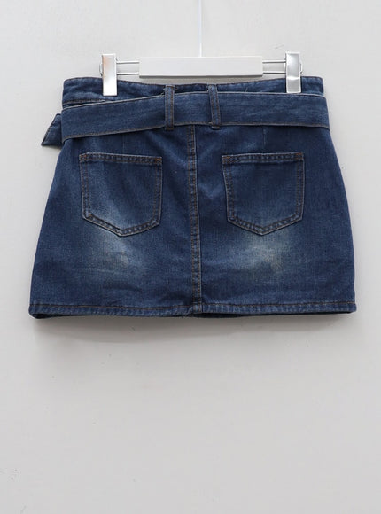 Low-Rise Bleached Denim Skorts and Belt Set CM02