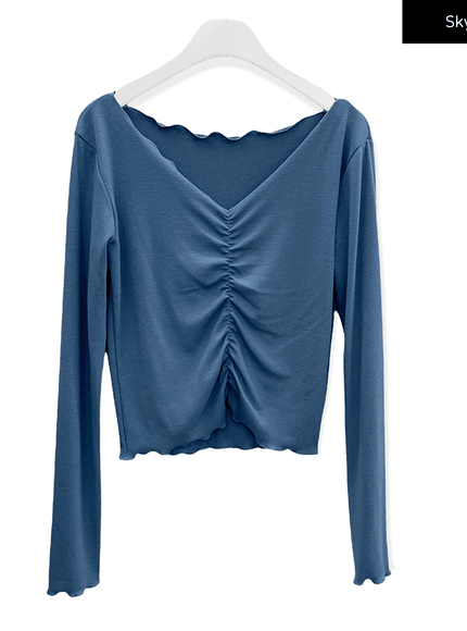 前抽褶短款長袖上衣 C2701 