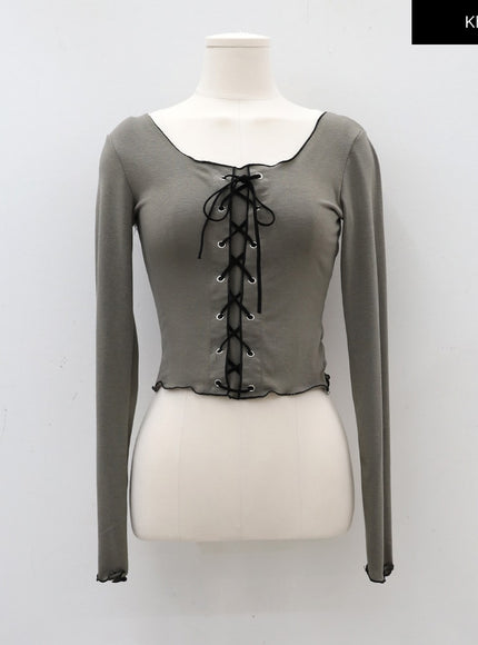 Cropped Long Sleeve Top with Front Lace Detail C1703